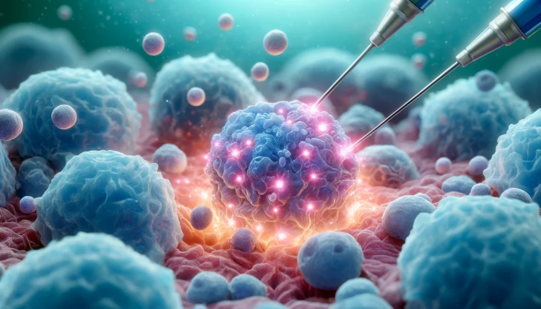 3D microscopic view of pancreatic cancer cells being precisely targeted by glowing nanoparticles, depicting cutting-edge nanotherapy for stage 4 treatment.