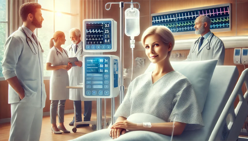 Stage 4 pancreatic cancer patient receiving advanced IV therapy in a high-tech hospital room with attentive medical staff and stable vitals on digital monitors.