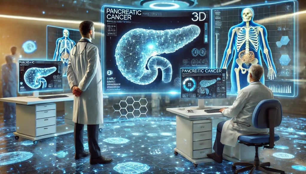High-tech AI diagnostics room with a doctor and virtual assistant examining 3D scans of the pancreas, highlighting early response to targeted pancreatic cancer therapies.