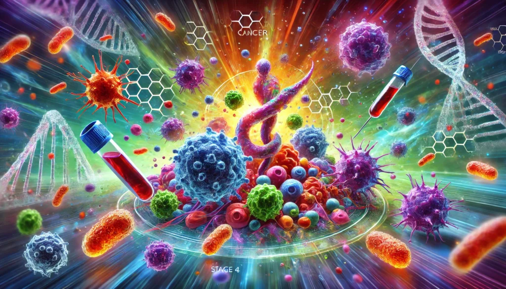 Colorful conceptual illustration of immune cells precisely attacking pancreatic cancer cells, representing the promise of immunotherapy for targeted stage 4 treatment.