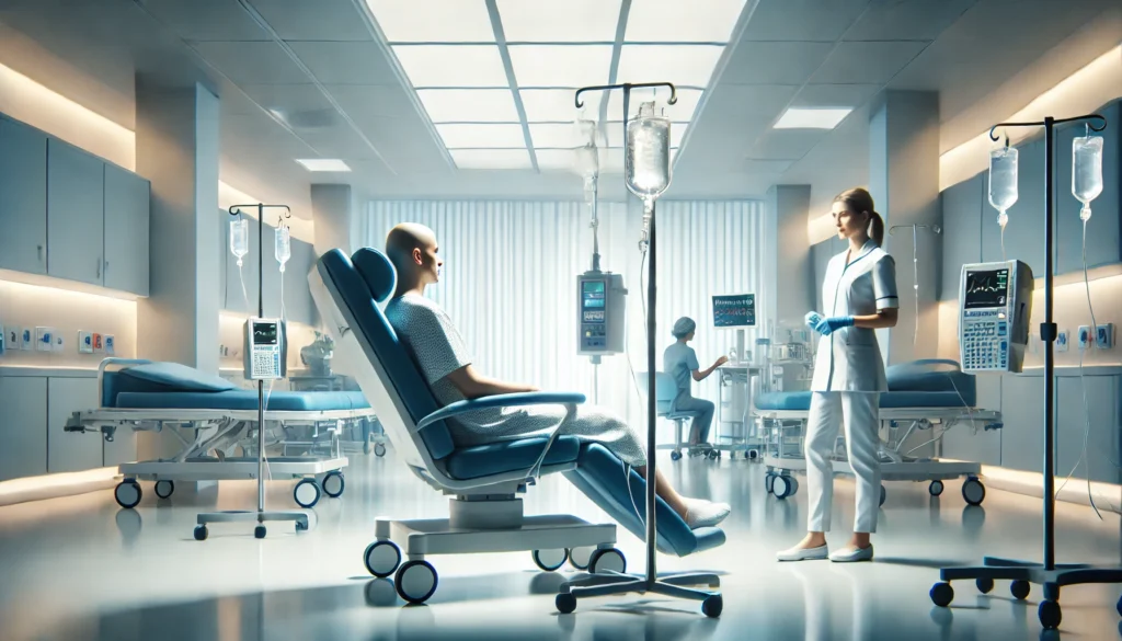 Cancer patient calmly receiving immunotherapy treatment in a modern hospital setting, illustrating the real-world application of Keytruda in clinical oncology.