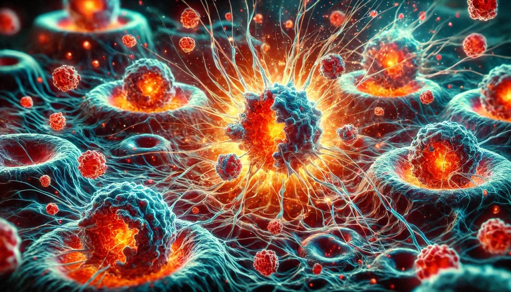Microscopic view of cancer cells breaking apart under attack from glowing immune T-cells, visually depicting the tumor-shrinking effect of Keytruda during successful immunotherapy.