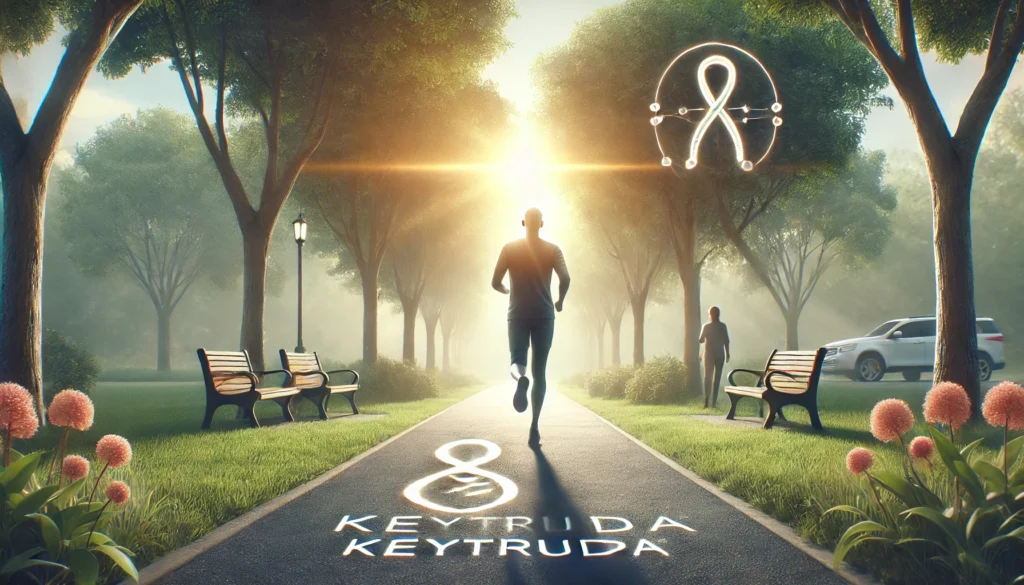 Cancer survivor walking peacefully through a sunlit park, symbolizing recovery, improved quality of life, and long-term remission after pembrolizumab (Keytruda) treatment.