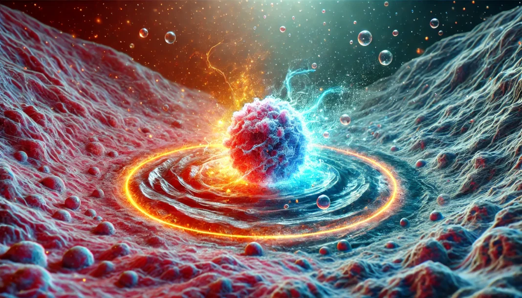 Conceptual illustration of a cancer cell immersed in fluid with a color gradient from acidic red to alkaline blue, visually representing pH impact on cancer cell survival.