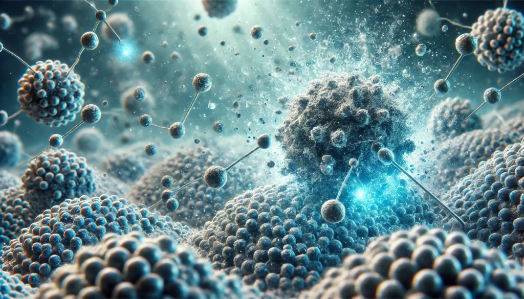 Photorealistic image showing alkaline particles interacting with and breaking apart cancer cells in a vibrant, blue-themed alkaline environment.