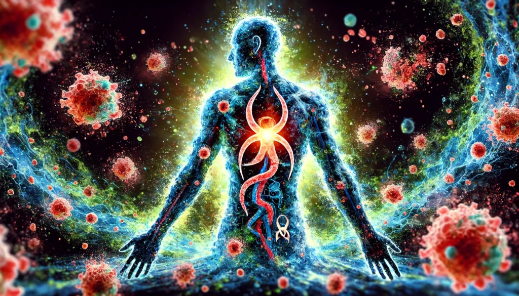 Symbolic image of a glowing human body immersed in alkaline fluid, with dissolving cancer cells illustrating the concept of high pH levels impacting cancer cell viability.