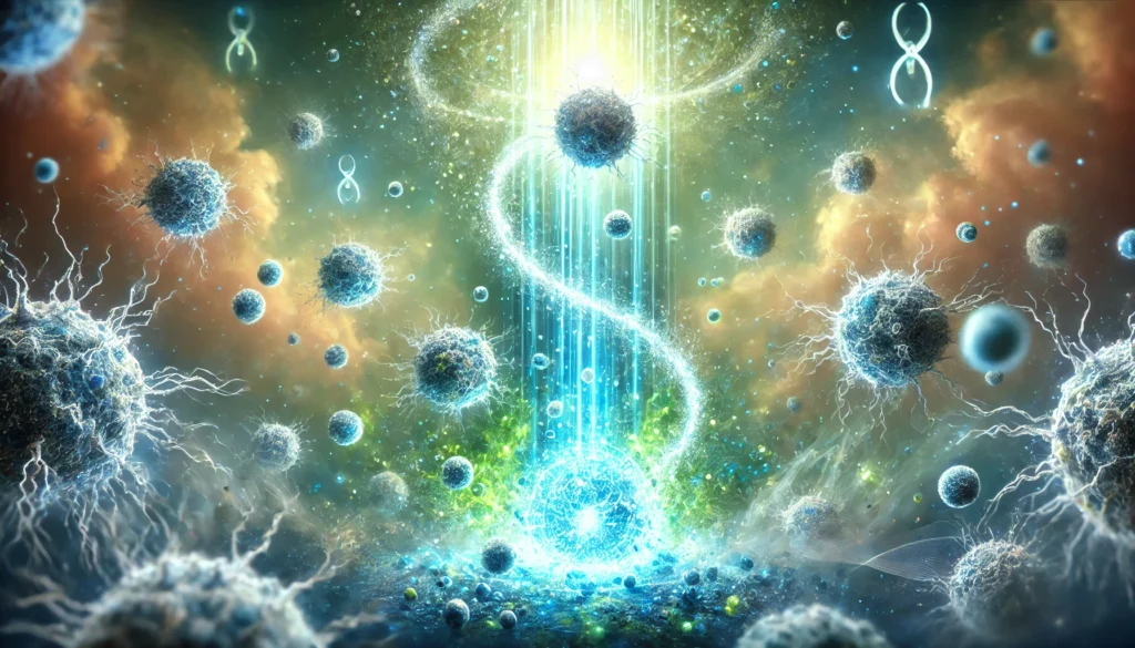 Symbolic visualization of glowing cancer cells dissolving within a radiant alkaline energy field, featuring blue and green tones to represent a high pH environment promoting cellular breakdown.