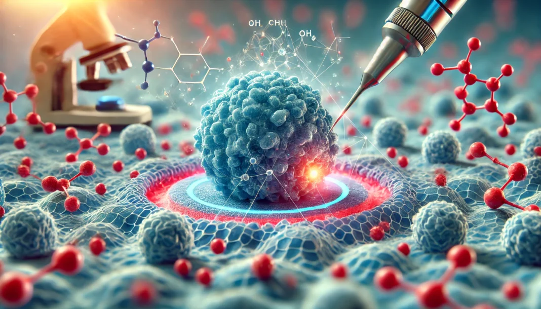 3D conceptual illustration of prostate cancer cell targeted by advanced nanotechnology and drug molecules in a high-resolution microscopic environment.