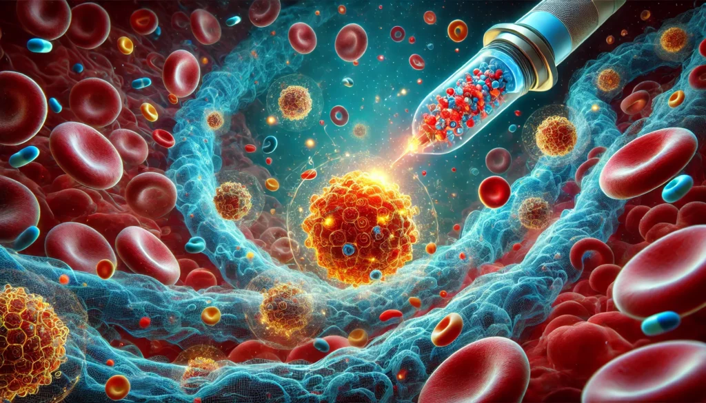 Artistic visualization of drug-carrying nanoparticles navigating through the bloodstream to target prostate cancer cells, showcasing precision medicine in action.