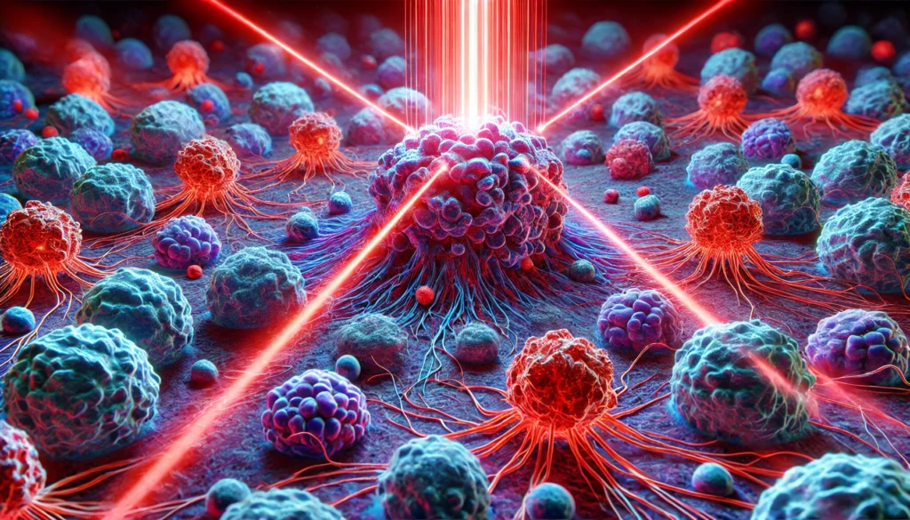3D rendering of prostate cancer cells being precisely destroyed by laser-activated targeted therapy, highlighting the precision of modern cancer treatments.