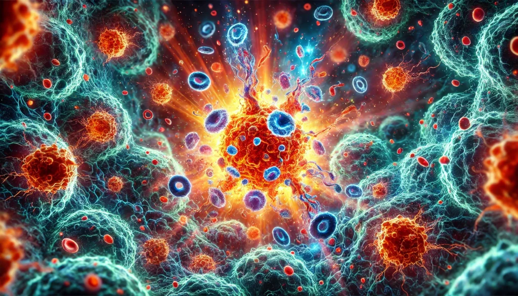 Microscopic scene of glowing immune T-cells attacking prostate cancer cells after immunotherapy, symbolizing the power of precision-based immune treatments.