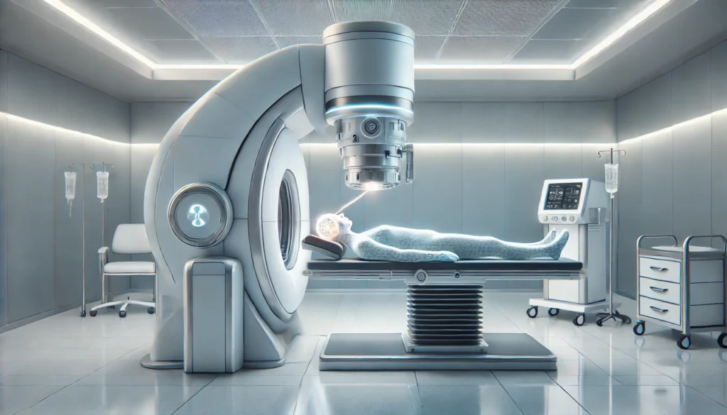A modern proton beam therapy room showing a patient positioned on a treatment bed with the proton beam machine precisely targeting the head, set in a clean, futuristic medical environment.