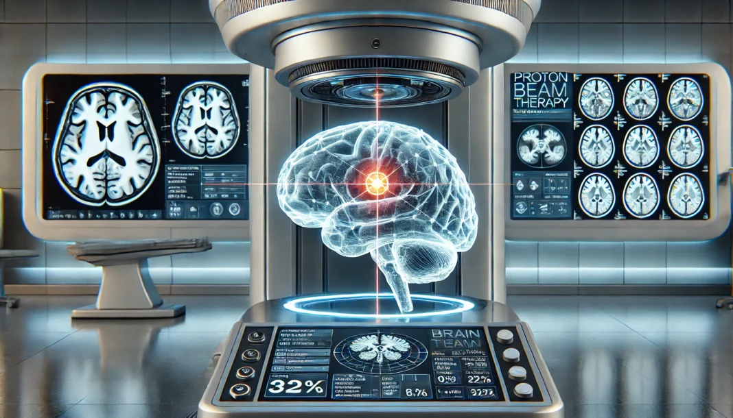Close-up of a proton beam therapy machine focusing radiation on a transparent visualization of a human brain with a tumor, surrounded by advanced brain scan monitors in a sterile treatment setting.