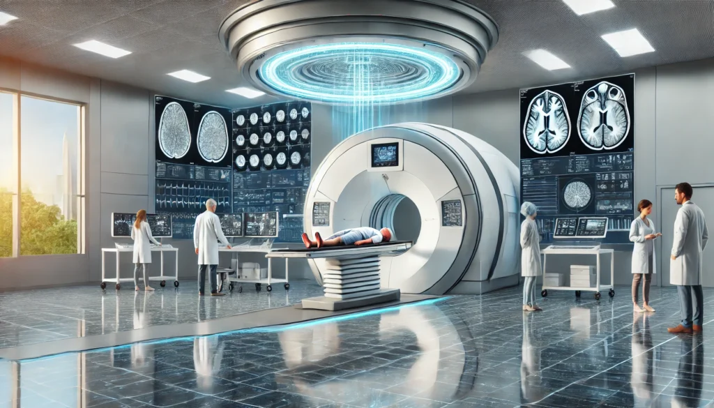 A cutting-edge cancer treatment facility where medical professionals operate a proton beam system on a brain cancer patient, with real-time brain imaging data displayed on digital monitors.