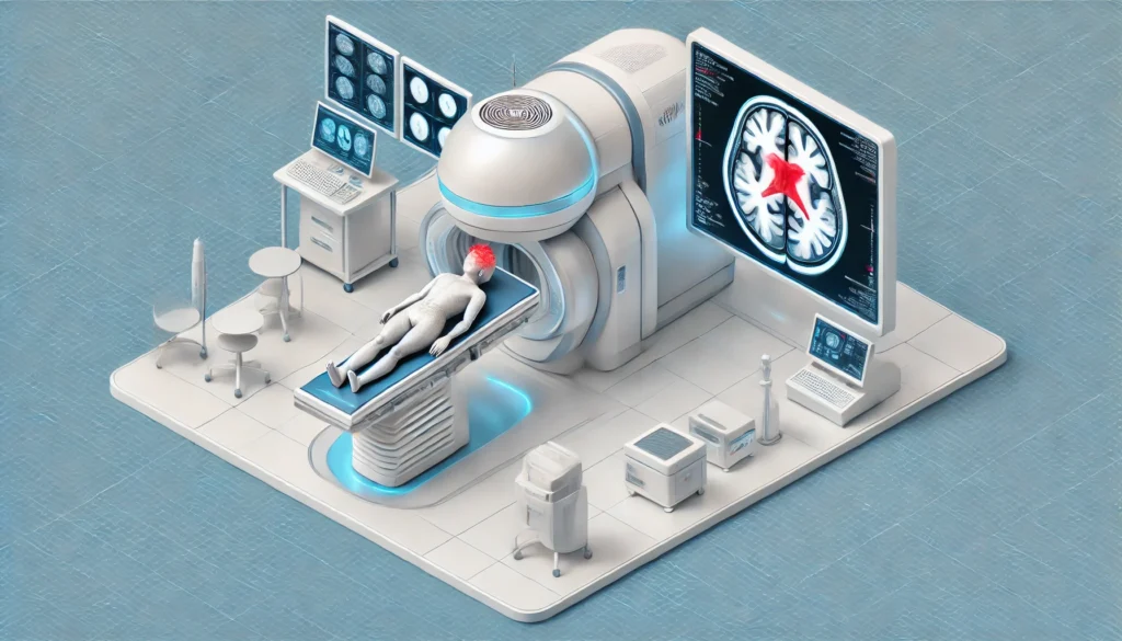 Isometric view of a proton beam therapy room with a patient receiving brain cancer treatment, featuring real-time brain imaging on a digital display and a highly advanced medical setup.