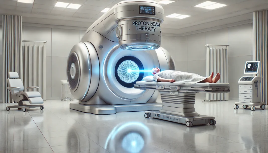 Futuristic hospital room with a proton beam machine targeting a patient’s brain tumor, showcasing advanced cancer treatment technology.