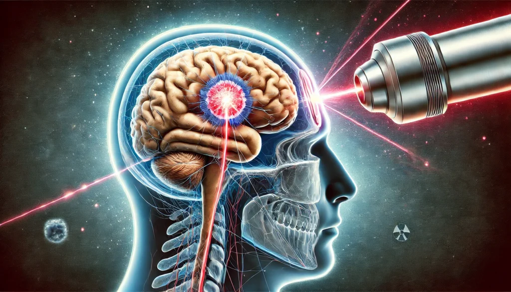 Cross-sectional view of a human brain with a proton beam precisely targeting a tumor while sparing healthy tissue, symbolizing treatment accuracy.