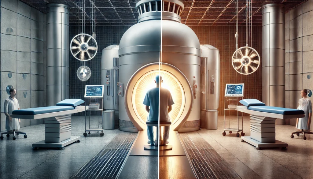 Split-scene of proton beam therapy's promise and limitations, with one side showing high-tech treatment and the other side reflecting access and cost challenges.