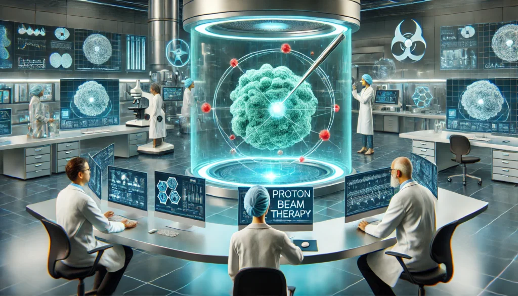 Modern cancer research lab with scientists analyzing 3D holographic models of tumors and proton beam pathways, emphasizing innovation in targeted therapy.