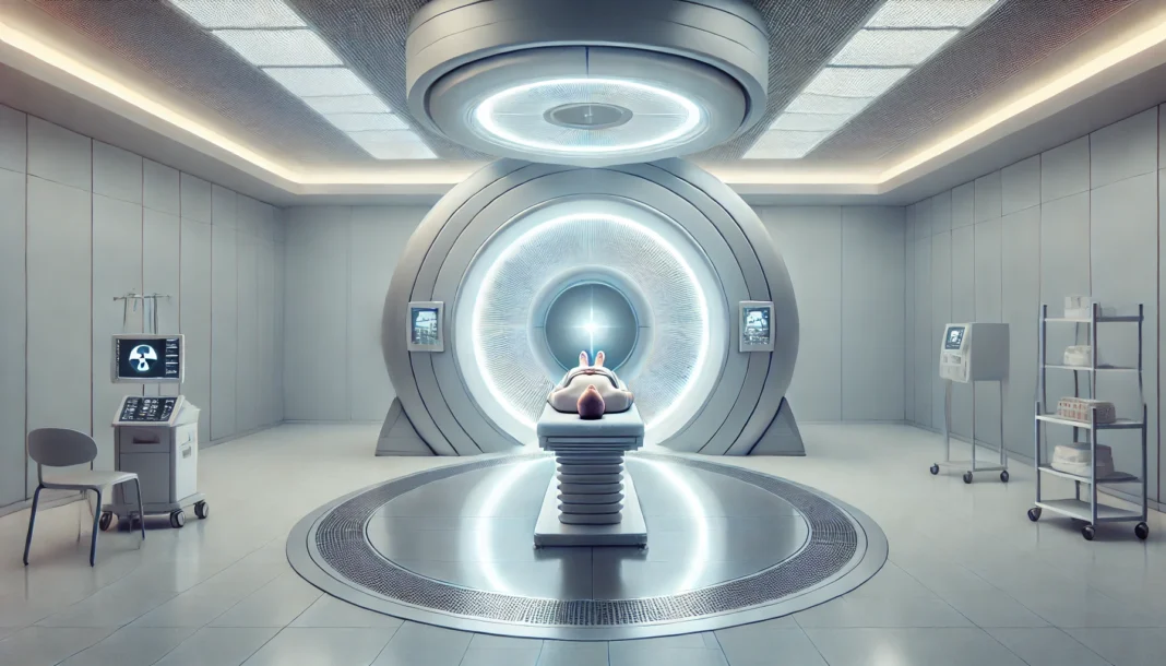 Futuristic proton therapy room showing a patient receiving targeted radiation for pancreatic cancer using a circular beam machine in a clean, high-tech environment.