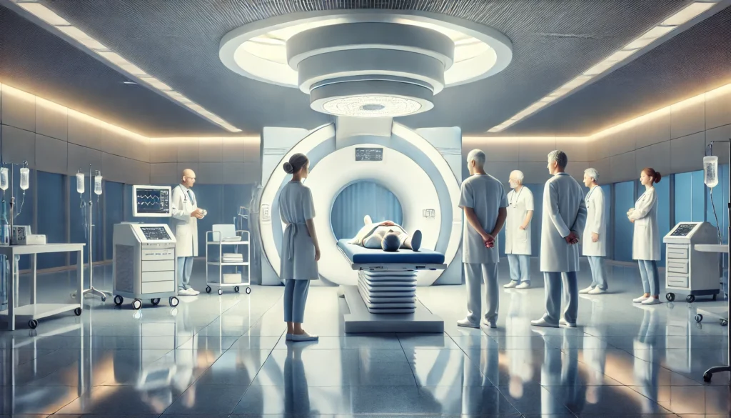 Modern cancer treatment center where a medical team prepares a patient for proton therapy, highlighting a compassionate and advanced care setting.