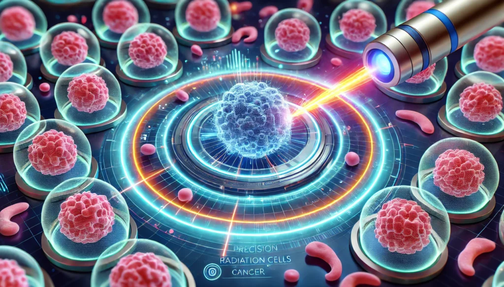 Microscopic conceptual view of proton beams accurately attacking pancreatic cancer cells while sparing healthy surrounding tissue, symbolizing precision and hope.