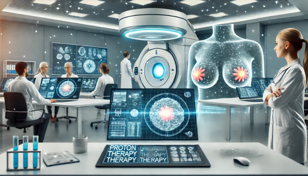 Modern research lab where scientists analyze 3D breast tumor models on digital screens, with a proton therapy unit in the background symbolizing innovation.