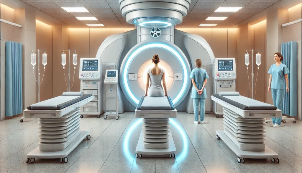 Side-by-side comparison of traditional radiation and modern proton therapy machines treating a female breast cancer patient in a clean clinical setting.
