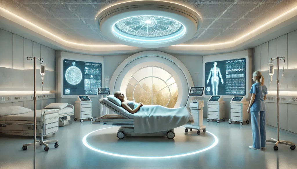 Futuristic hospital recovery room where a breast cancer patient rests peacefully post-proton therapy, surrounded by soft lighting and advanced medical equipment.