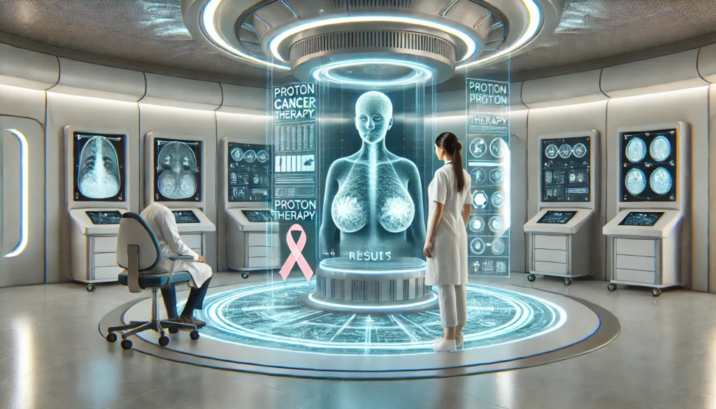 Futuristic oncology consultation room where a doctor shows a female breast cancer patient a 3D holographic visualization of proton therapy outcomes in a calming, high-tech setting.