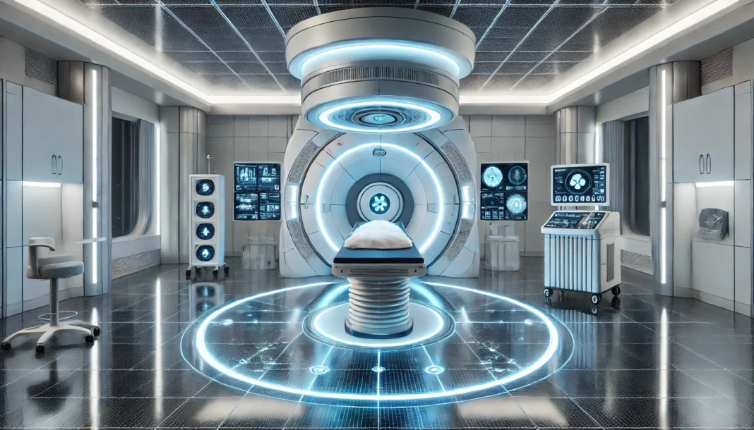 Futuristic proton therapy treatment room with a patient receiving targeted radiation to the abdomen, highlighting precision colorectal cancer care in a modern medical setting.