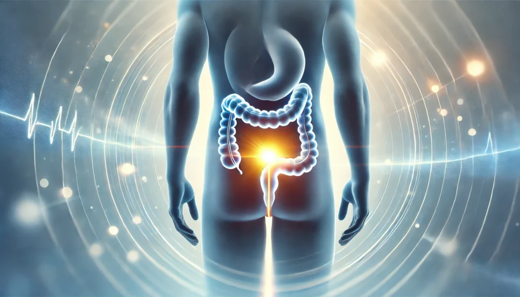 Artistic concept of a glowing proton beam targeting the lower abdomen of a human silhouette, symbolizing hope, healing, and precision in colorectal cancer treatment.
