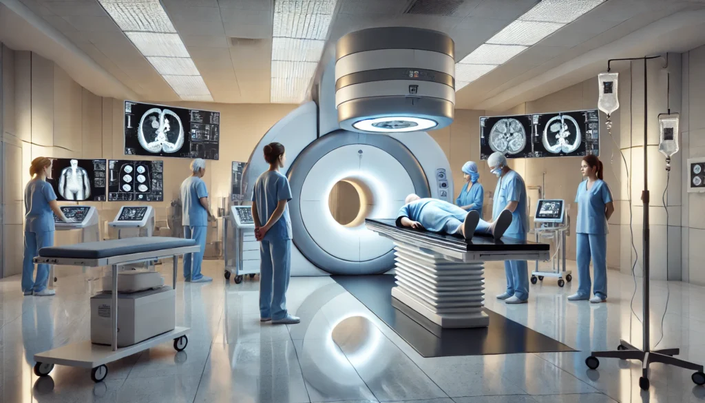 Patient being positioned by medical staff for proton therapy in a modern hospital room, with advanced imaging and equipment tailored for colorectal cancer treatment.