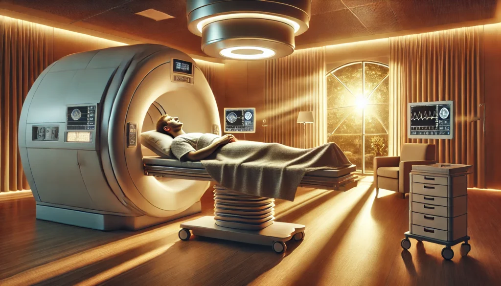 Peaceful recovery room with a patient resting after proton therapy for colorectal cancer, symbolizing healing, comfort, and the positive impact of advanced cancer treatment.