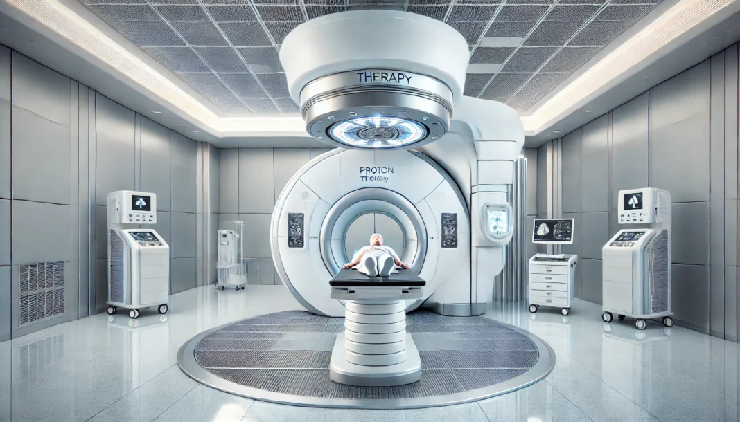 Advanced proton therapy machine in a high-tech hospital room targeting a lung cancer patient, showcasing precision radiation treatment technology.