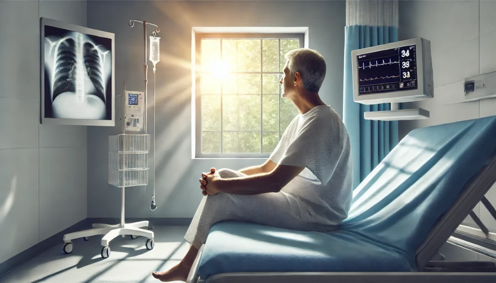 Lung cancer survivor sitting peacefully by a hospital window in a modern recovery room, symbolizing hope and positive outcomes from proton therapy treatment.
