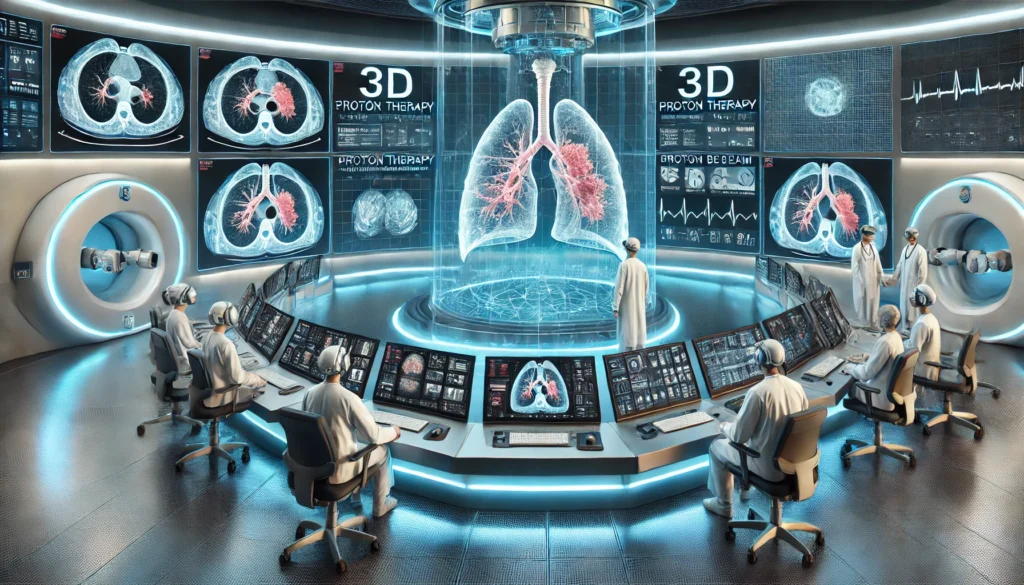 Futuristic proton therapy control room with doctors analyzing lung scans and proton beam paths on digital screens, representing innovation in lung cancer care.