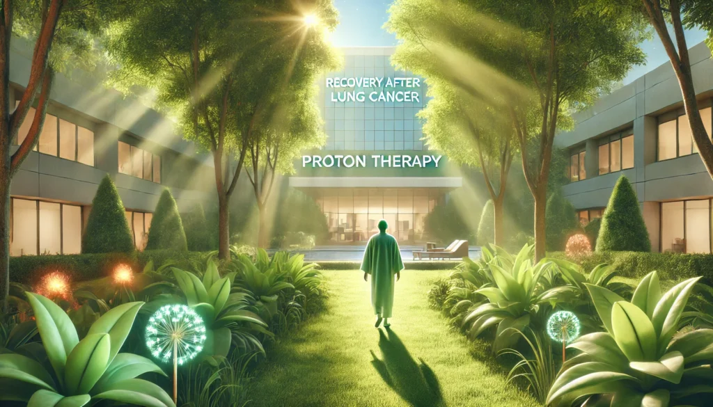 Lung cancer patient walking peacefully through a lush garden outside a modern medical center, symbolizing recovery, healing, and improved quality of life after proton therapy.
