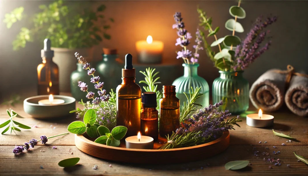 Serene spa setting with essential oil bottles, fresh lavender, eucalyptus, rosemary, and a lit candle on a wooden tray, creating a calming environment ideal for natural blood pressure relief.