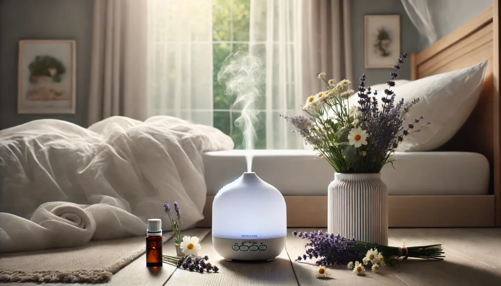 Peaceful bedroom with a diffuser emitting essential oil mist near a bed, surrounded by lavender and chamomile, evoking tranquility and natural hypertension relief.