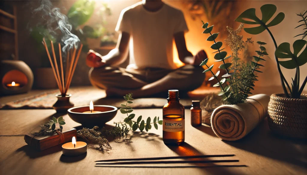 Calm meditation space with a person inhaling essential oil aroma, surrounded by plants, incense, and a yoga mat, symbolizing stress reduction and natural blood pressure control.