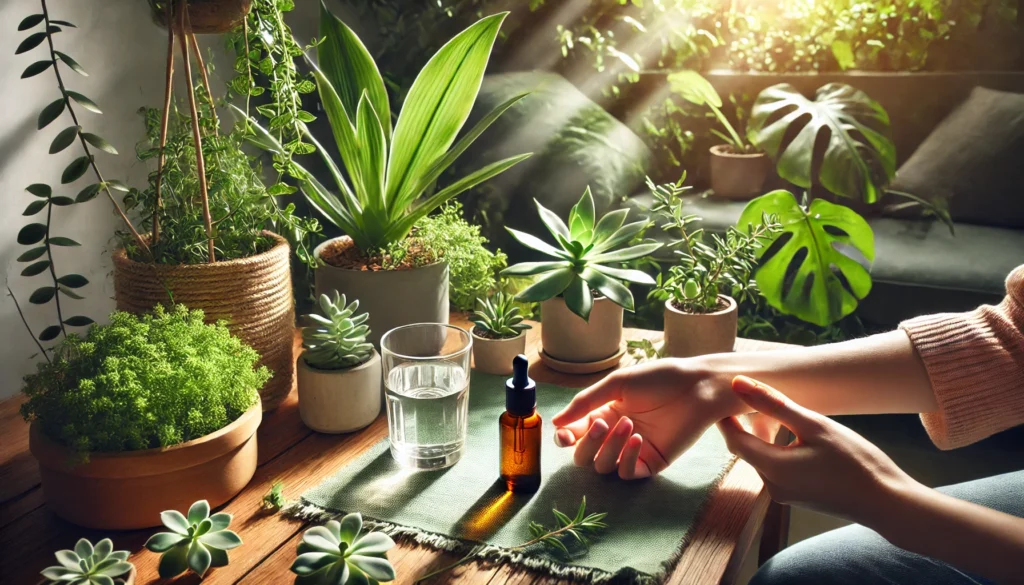 Nature-inspired home scene with a person applying essential oil to their wrist, surrounded by indoor plants, natural light, and wellness elements promoting heart health and relaxation.