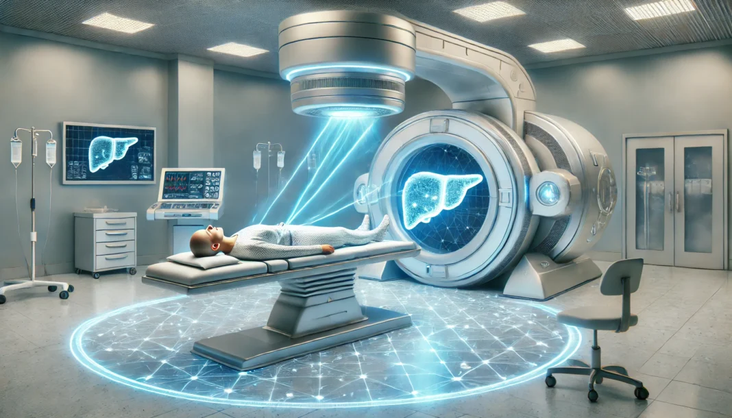Futuristic proton therapy room treating a liver cancer patient with precision beams in a high-tech medical facility.