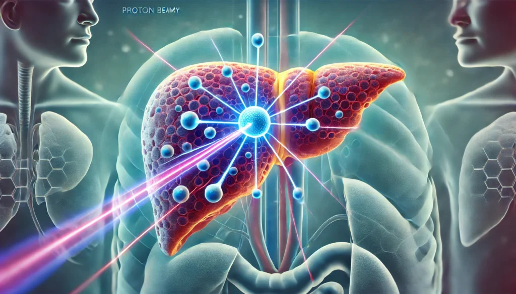 Artistic close-up of liver cells targeted by proton beams, illustrating cellular-level precision in liver cancer treatment.