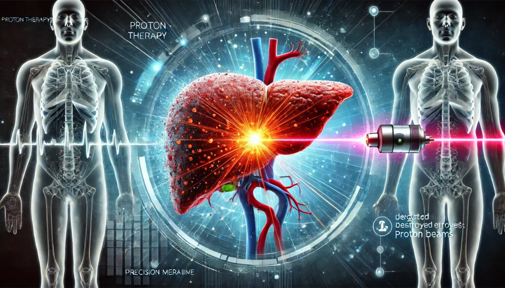 Stylized liver showing proton therapy targeting a tumor on one side while healthy tissue regenerates on the other, symbolizing precision and healing.