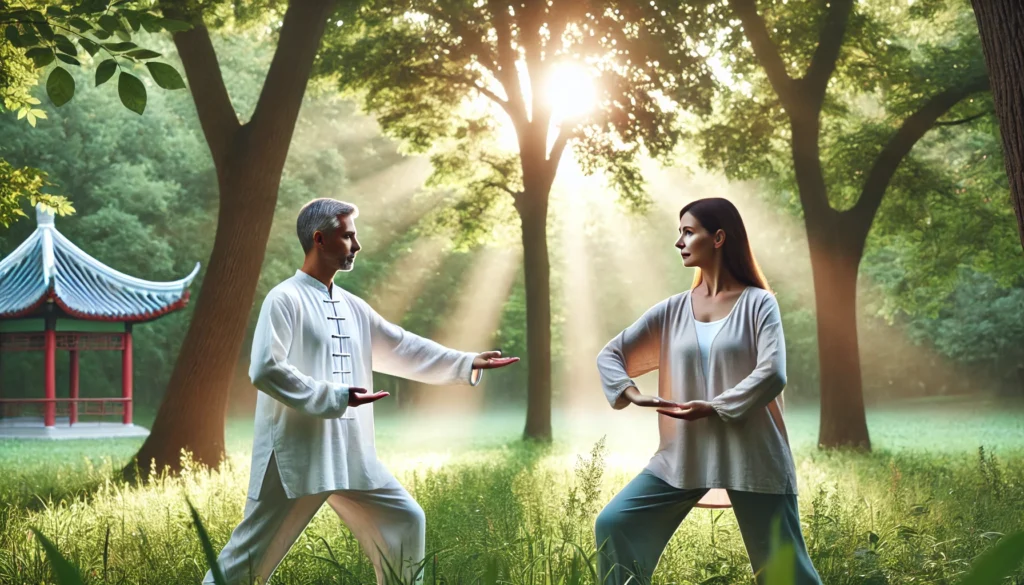 Middle-aged couple practicing tai chi in a peaceful green park, symbolizing natural stress relief and non-drug approaches to lower blood pressure.