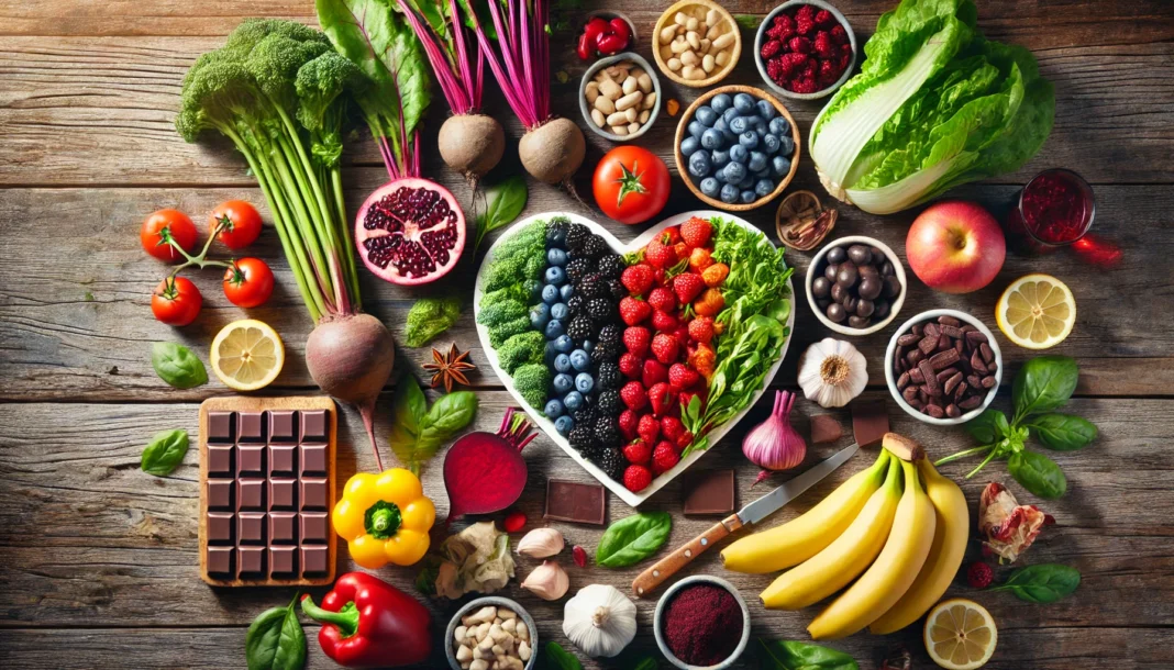 Assorted natural foods known to lower blood pressure, including leafy greens, berries, beets, garlic, and dark chocolate, displayed on a rustic wooden table.