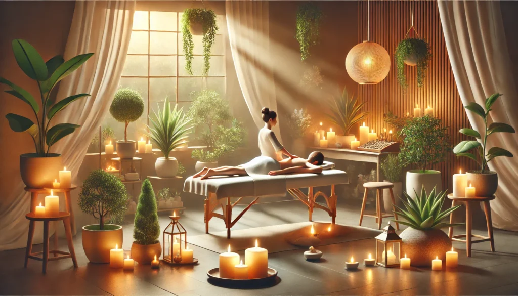 Person receiving a calming therapeutic massage in a spa-like environment with soft lighting, indoor plants, and candles, representing alternative treatments for hypertension.