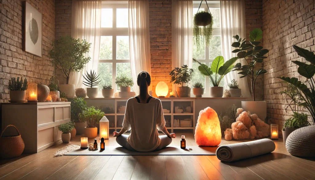 Home meditation corner with a person in a seated pose, surrounded by plants, essential oils, and a Himalayan salt lamp, visually representing mindfulness-based blood pressure management.
