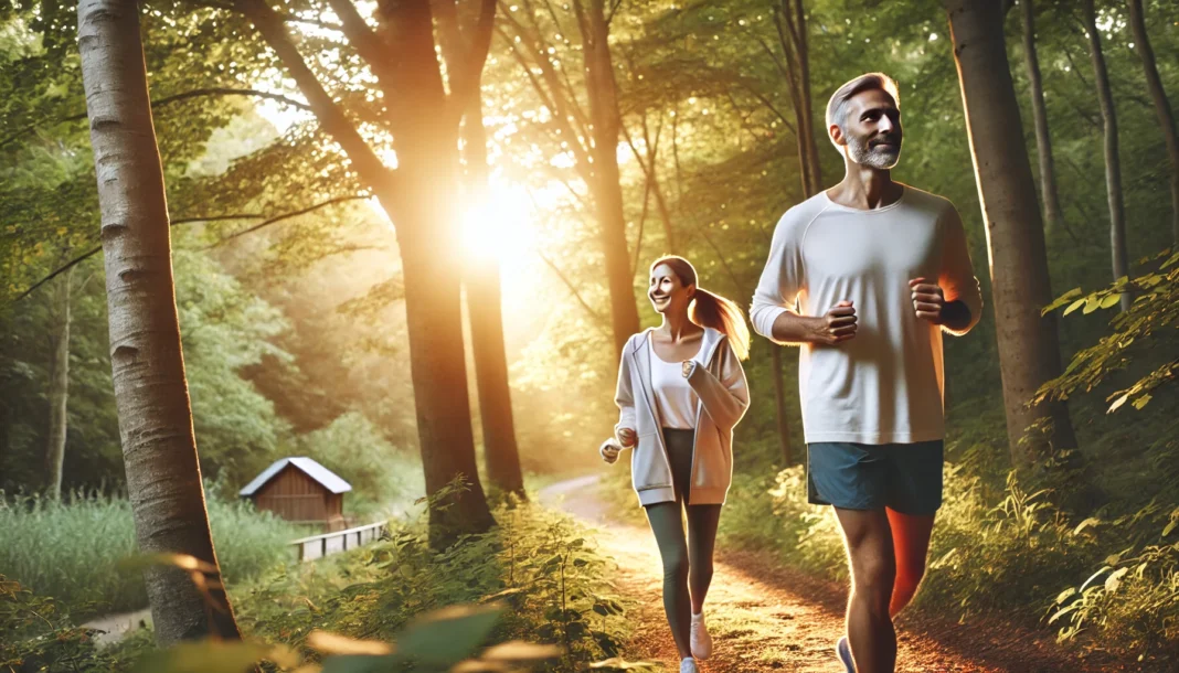 Middle-aged couple jogging on a sunlit forest trail, symbolizing how regular physical activity supports lower blood pressure and heart health.